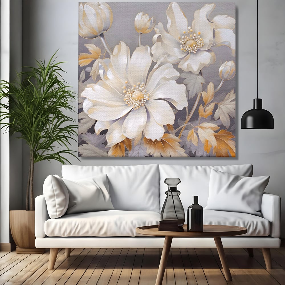 Tablou canvas cu tablou patrat cu flori albe, fara rama, pe sasiu de lemn, pe perete intr-un living